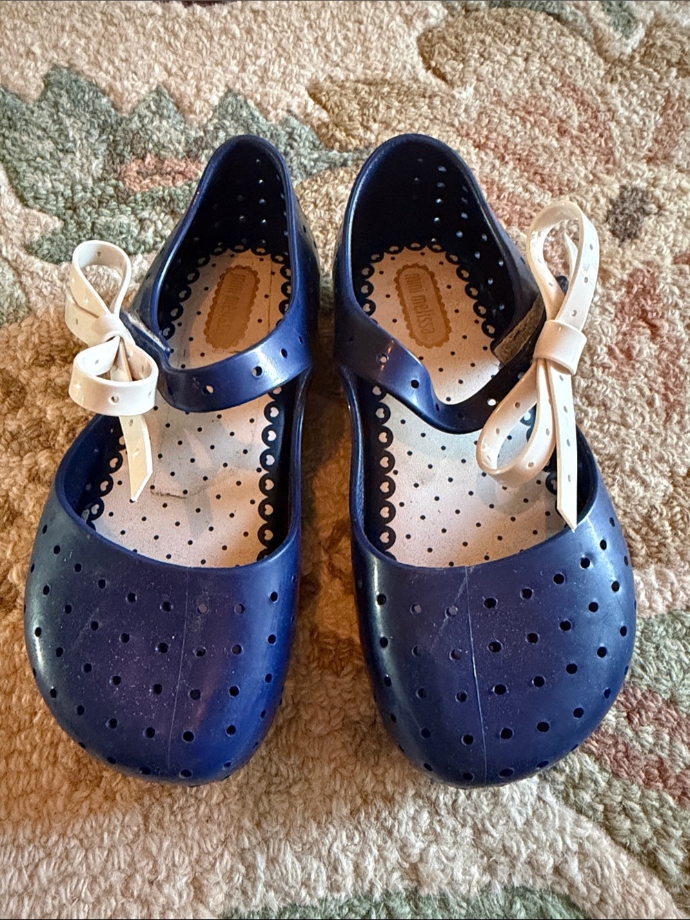 Mini Melissa Navy Blue Mary Jane Sandals with Cream Bow